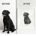 Before and after comparison of a black dog photo and its framed artwork with a limited time sale text.